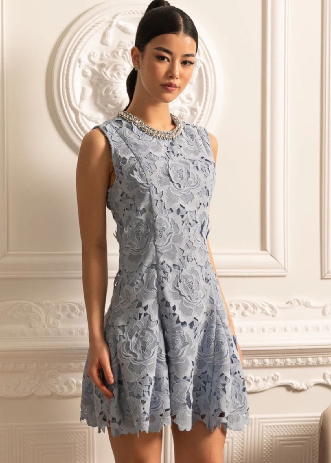Vestido com Renda e Pedrarias – Design Elegante e Silhueta Refinada