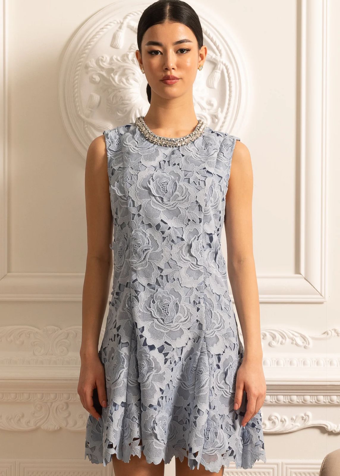 Vestido com Renda e Pedrarias – Design Elegante e Silhueta Refinada