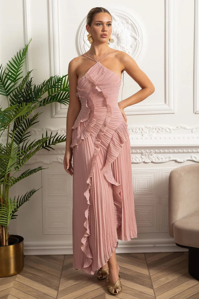 Vestido Sexy Assimétrico e Decote nas Costas – Sem Mangas, Com Babados, Cintura Alta e Modelagem Slim