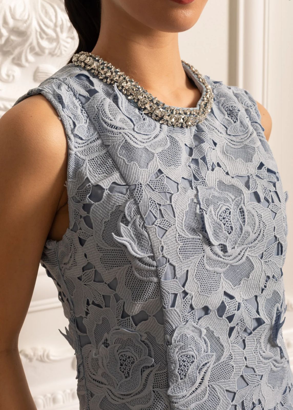 Vestido com Renda e Pedrarias – Design Elegante e Silhueta Refinada