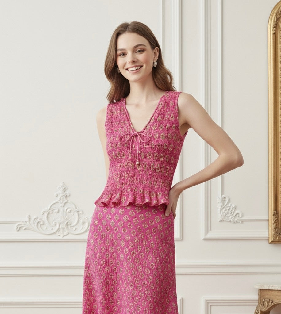 Conjunto Essence – Top Estampado em Favo & Saia Midi de Cintura Alta