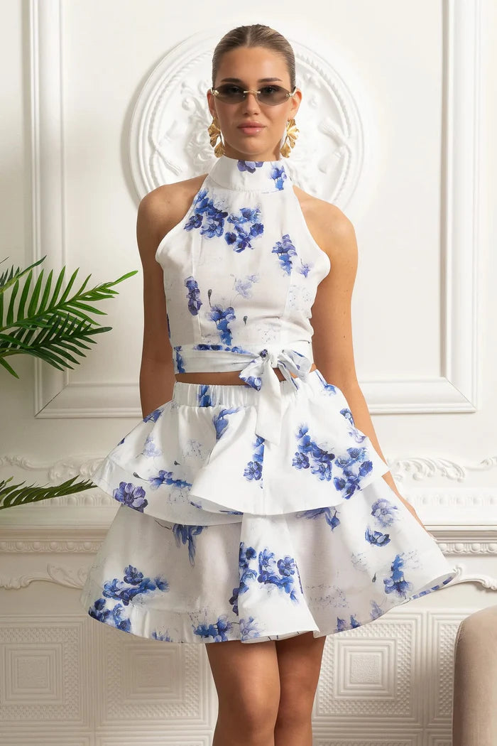 Conjunto – Top Estampado Sem Mangas + Saia Curta Plissada de Cintura Alta