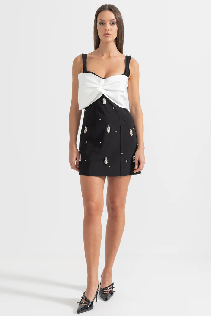 Vestido com Aplicação de Laço e Bordado com Cristais