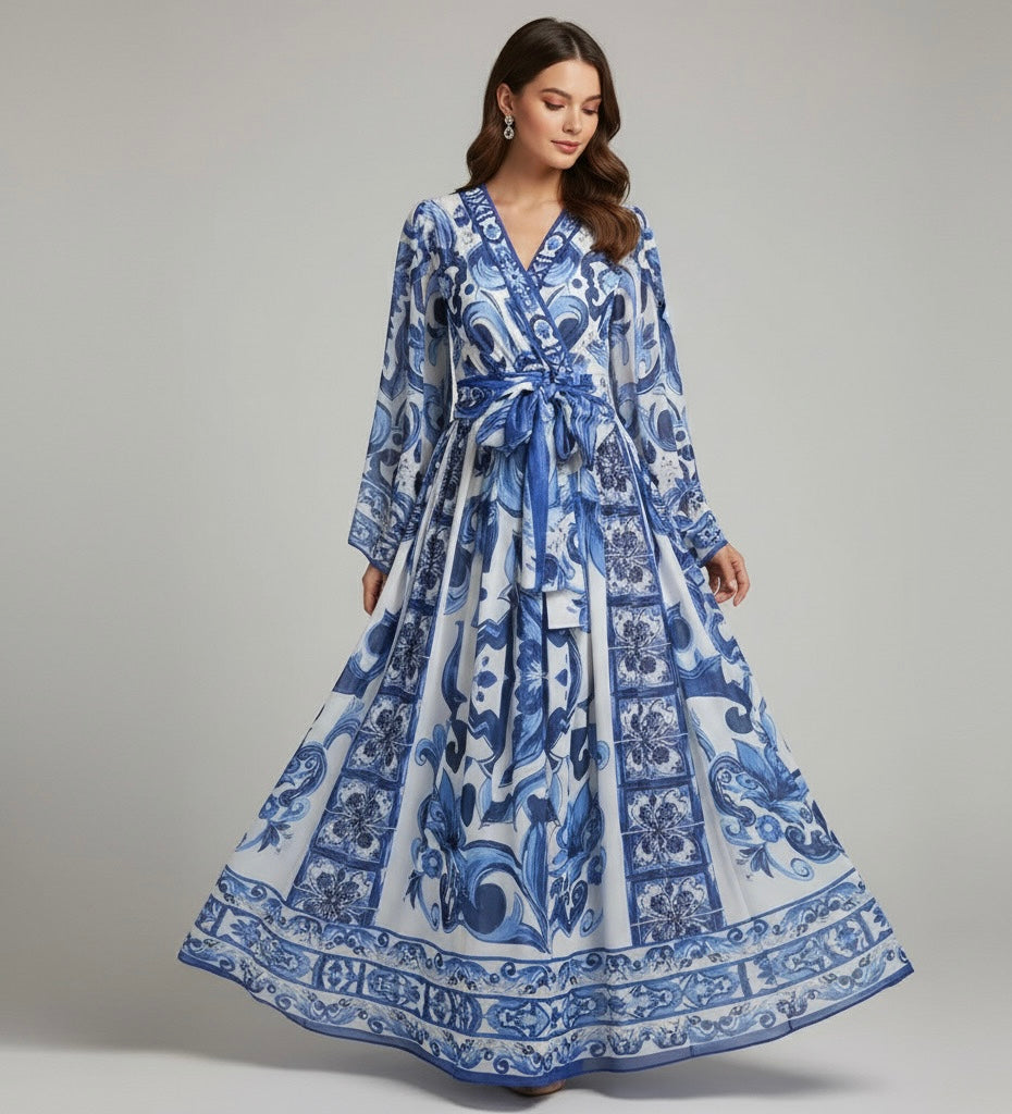 Vestido Longo Floral Estilo Porcelana – Elegância Atemporal