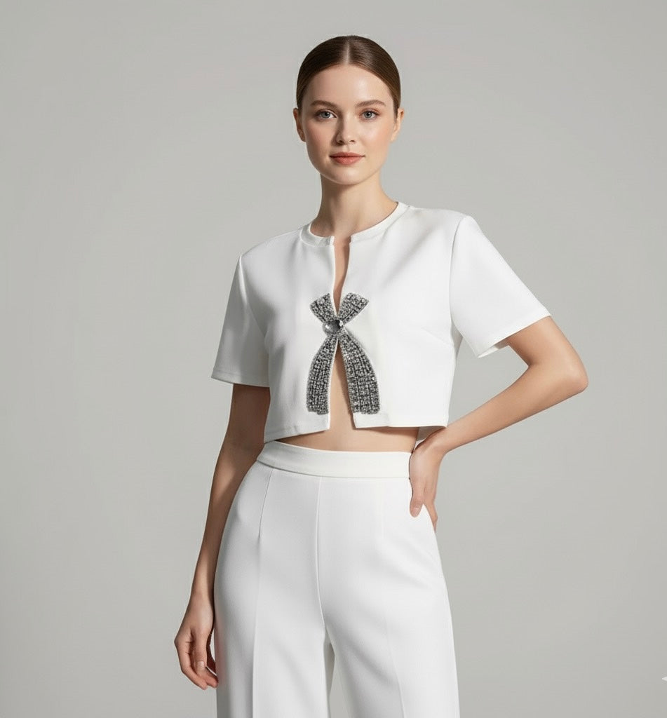 Camiseta cropped Bordada com cristais