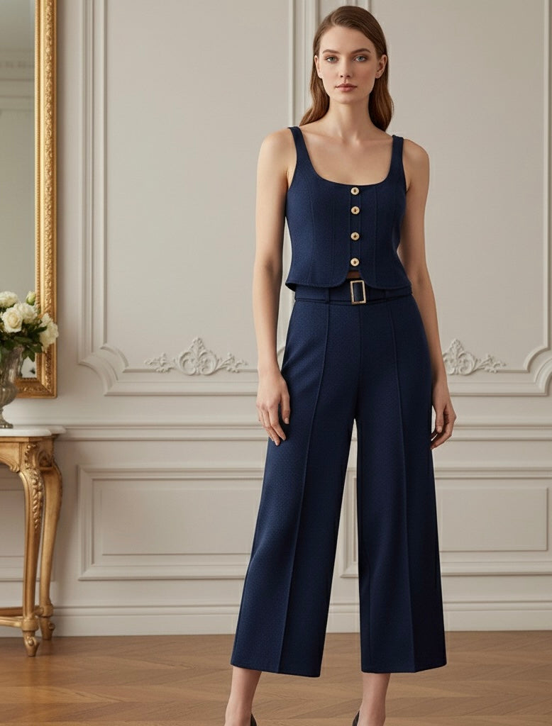 Conjunto Alfaiataria Linéa Classique - Top Curto com Botões & Calça Flare de Cintura Média