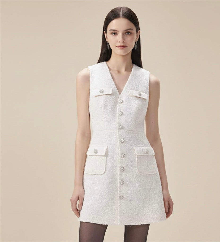 Vestido Tweed Sem Mangas com Decote V – Elegância Atemporal