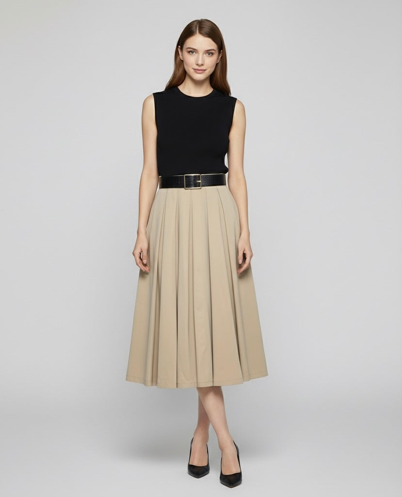 Vestido com Cinto + Saia Midi Plissada, Cintura Alta, Decote Redondo