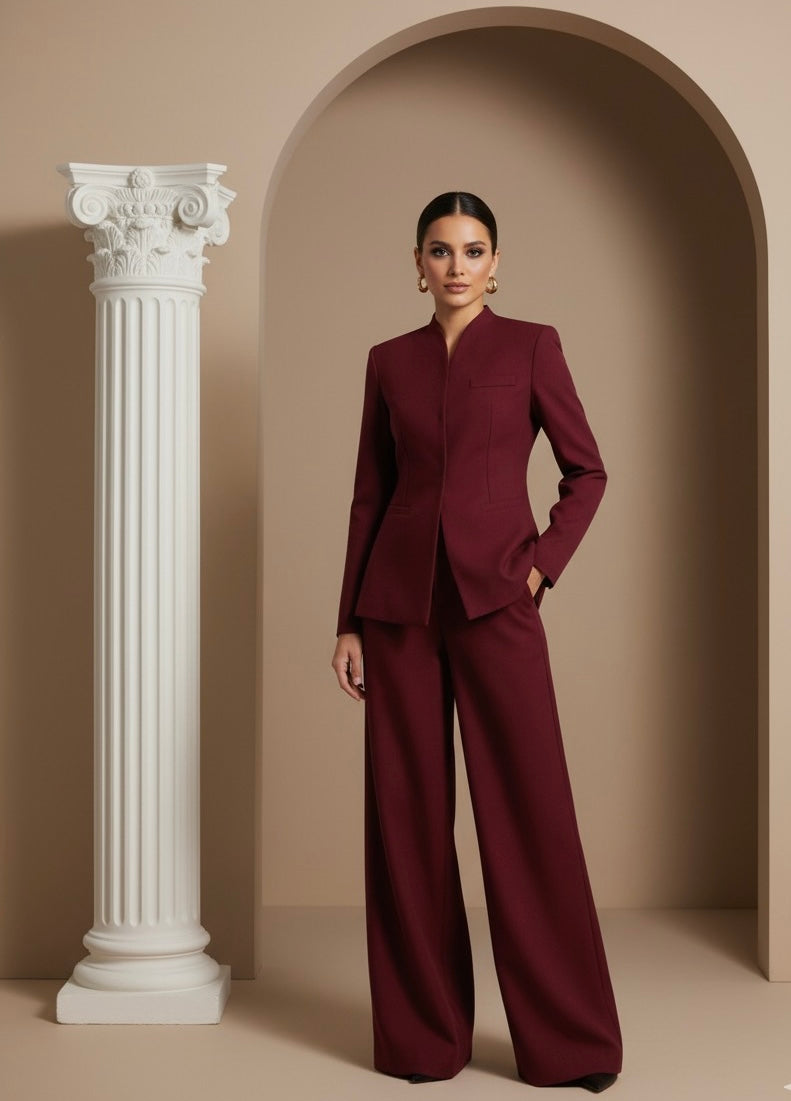 Conjunto de Alfaiataria – Blazer com Gola Alta e Calça de Cintura Alta com Botões Decorativos