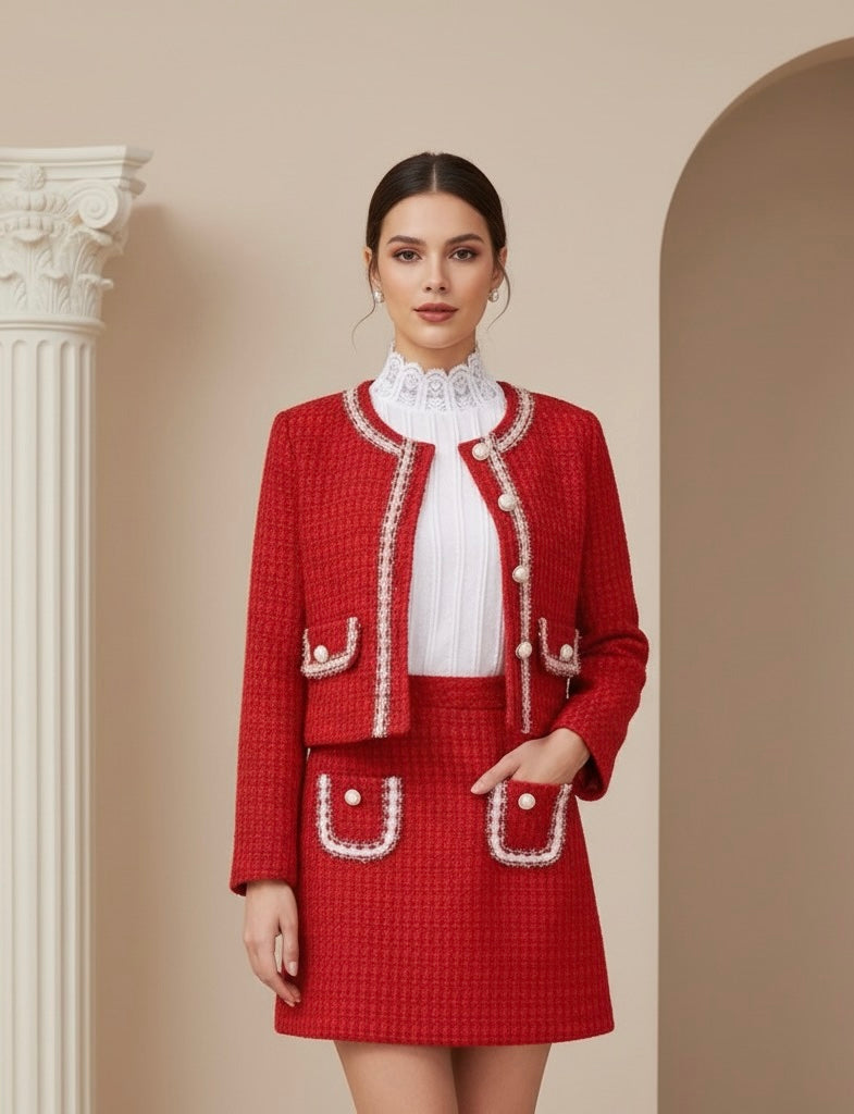 Terno de Tweed - Conjunto Vermelho Glamouroso com Casaco Recortado e Mini Saia