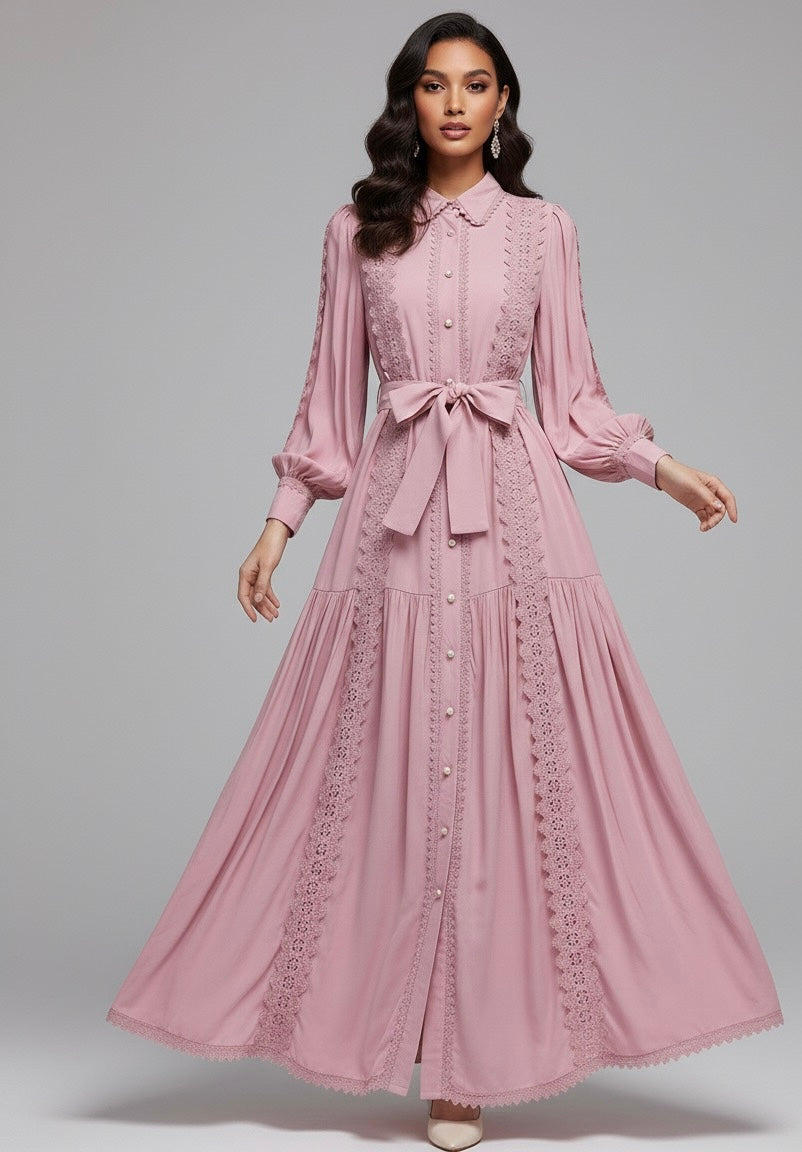 Vestido Longo com Renda e Botões Frontais – Modelagem A-line e Cintura Ajustável