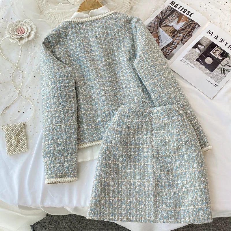 ConjuntoTweed Xadrez – Blazer Manga Longa + Saia A-Line Assimétrica