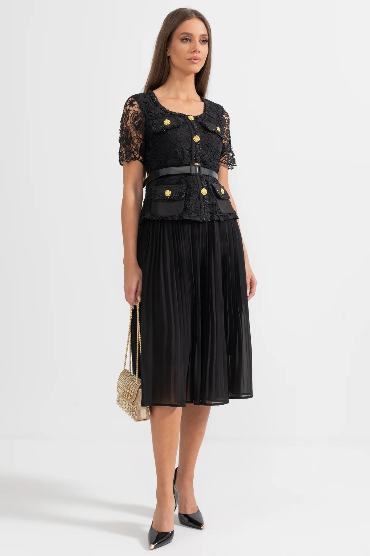 Vestido bordado renda luxo - com cinto