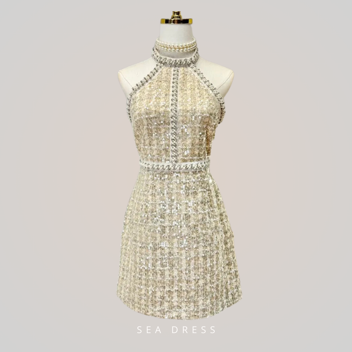 Vestido Mini Sem Mangas de Tweed Pequeno – Vestido de Noite Elegante e Luxuoso com Pérolas e Lantejoulas