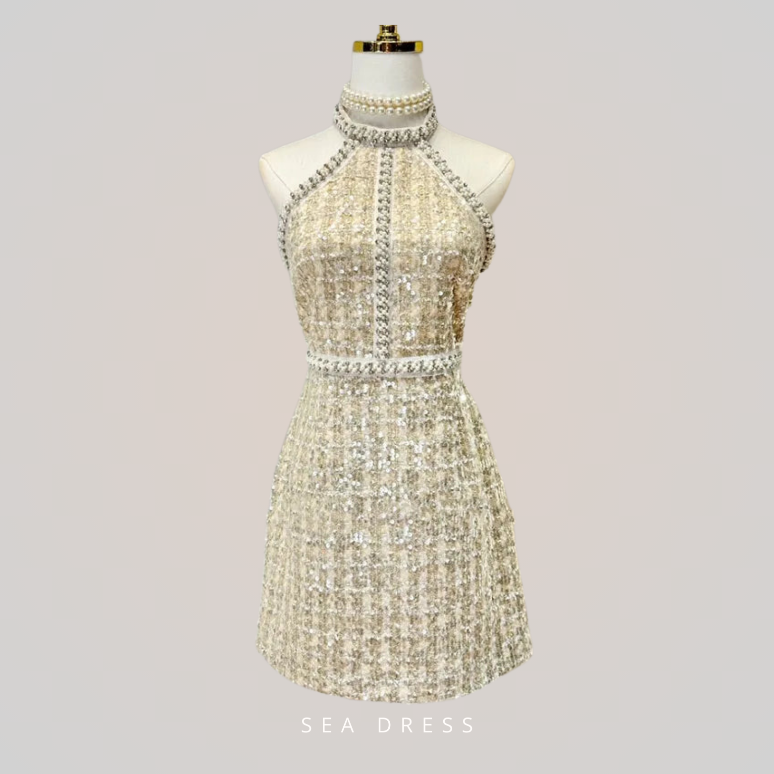 Vestido Mini Sem Mangas de Tweed Pequeno – Vestido de Noite Elegante e Luxuoso com Pérolas e Lantejoulas