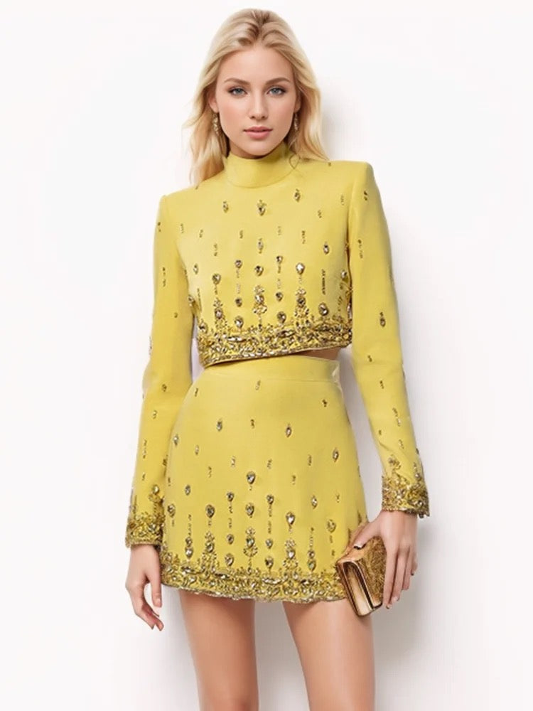 Conjunto Bordado Com cristais - Saia e Blusa gola