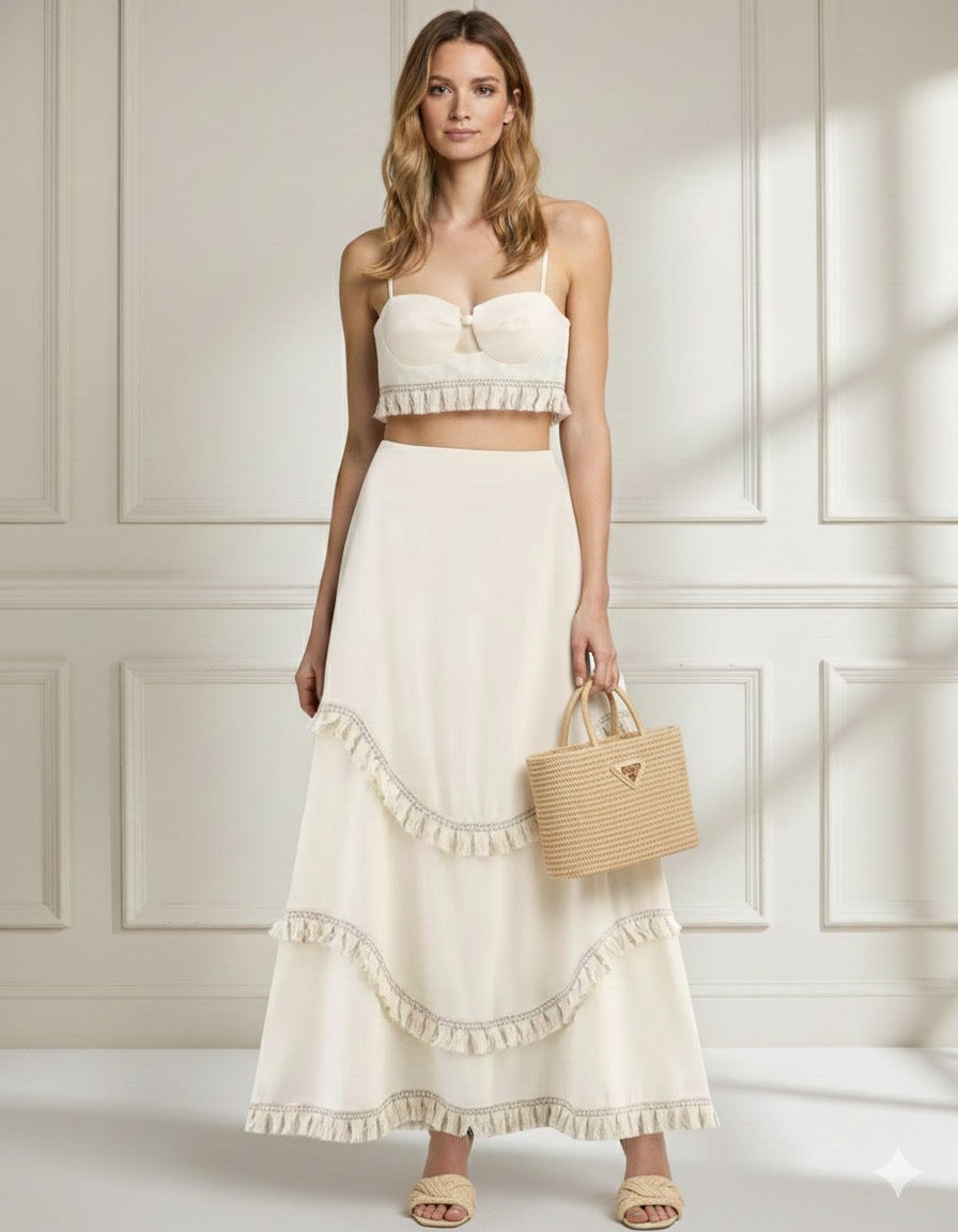 Conjunto Linho - Saia Midi de Cintura Alta e Top com Alças Finas