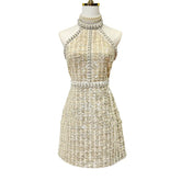 Vestido Mini Sem Mangas de Tweed Pequeno – Vestido de Noite Elegante e Luxuoso com Pérolas e Lantejoulas