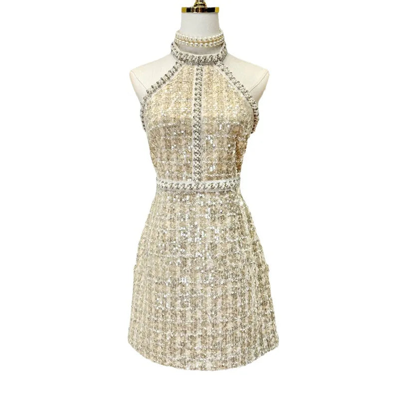 Vestido Mini Sem Mangas de Tweed Pequeno – Vestido de Noite Elegante e Luxuoso com Pérolas e Lantejoulas