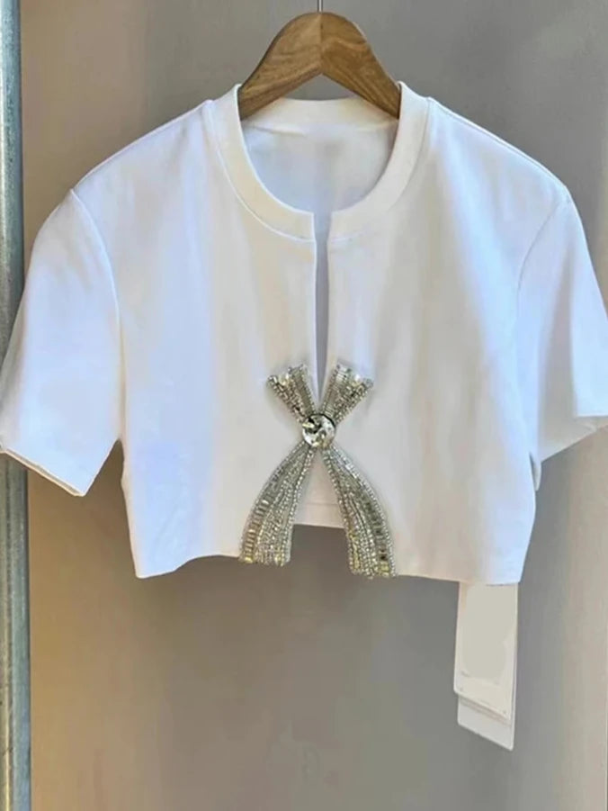 Camiseta cropped Bordada com cristais