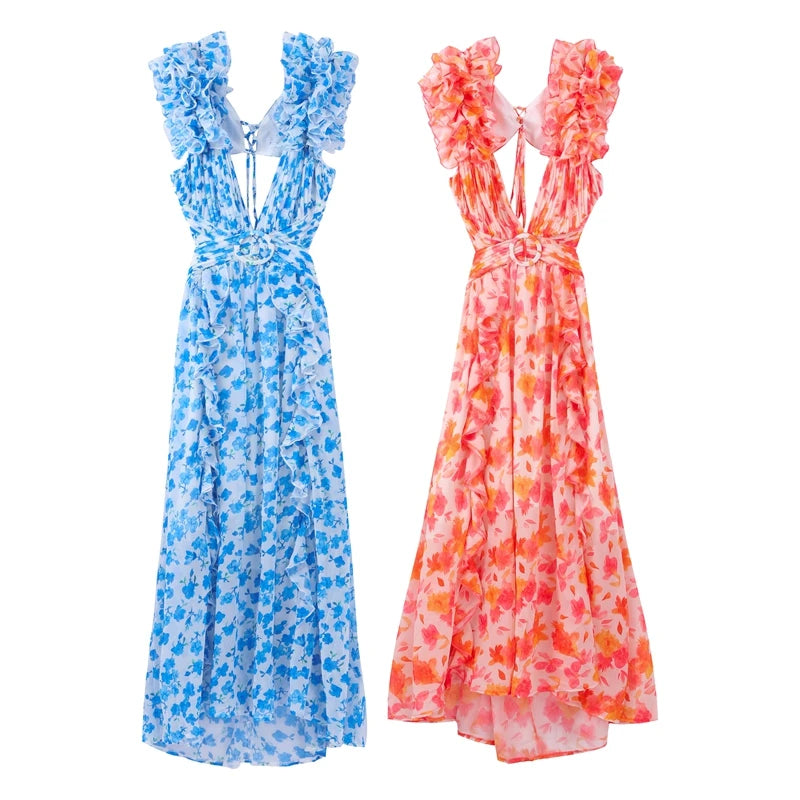 Vestido Longo Feminino Estampado com Babados