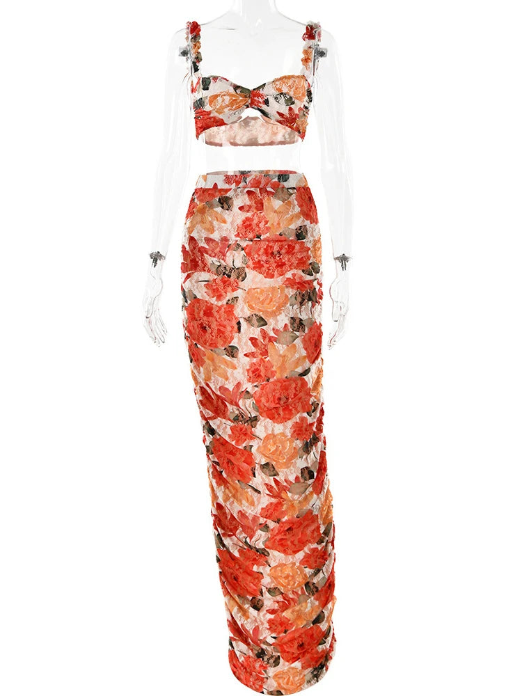 Conjunto Estampado Elegante – Top Sem Alças e Saia Longa com Detalhe Ruched