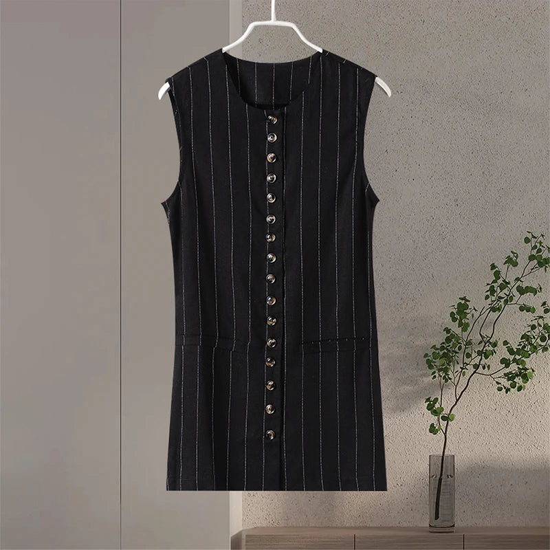 Conjunto Listrado - Colete e Mini Saia, Sem Mangas, Casual Elegante