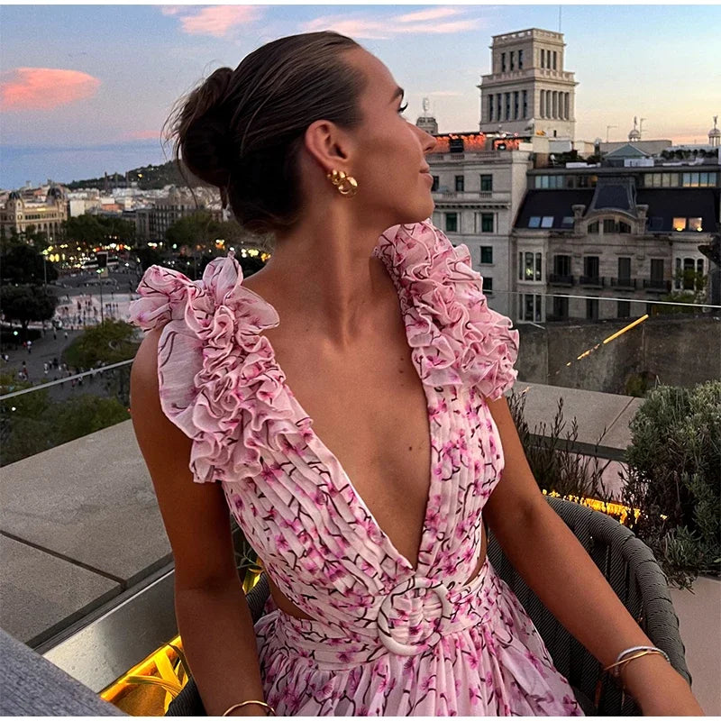 Vestido Longo Feminino Estampado com Babados