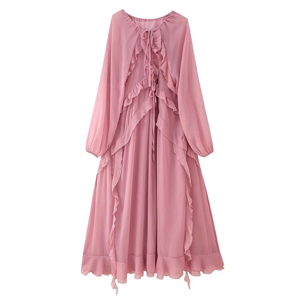Vestido Feminino de Chiffon com Babados em Camadas
