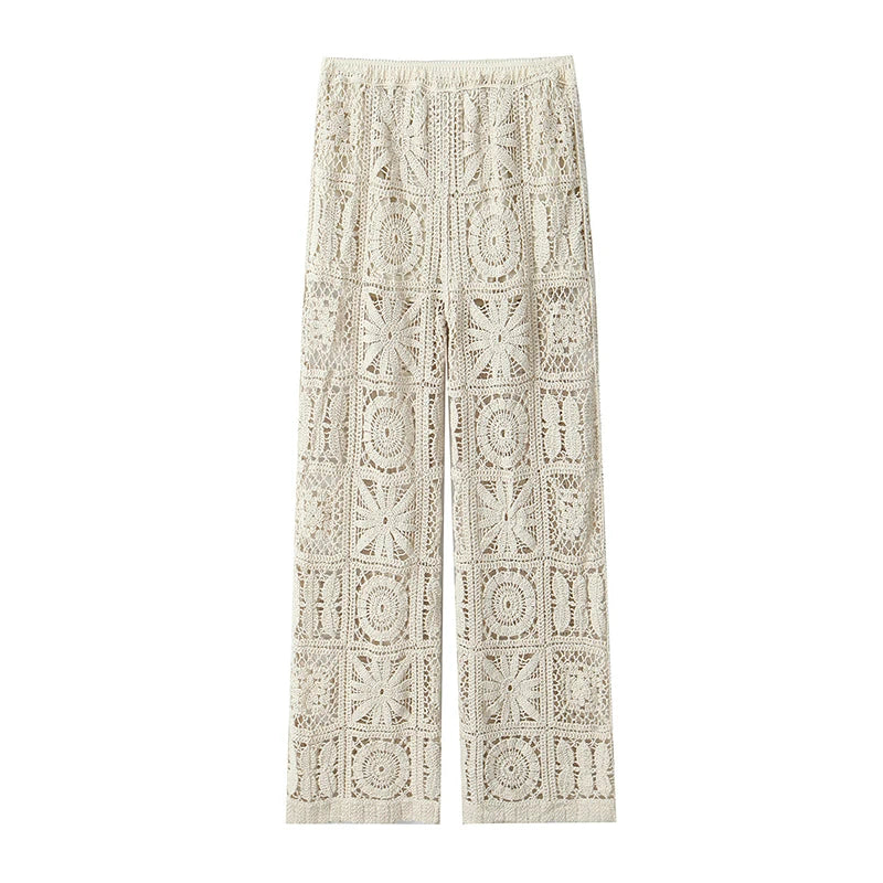 Conjunto Feminino de Crochê Vazado com Cardigan e Calça