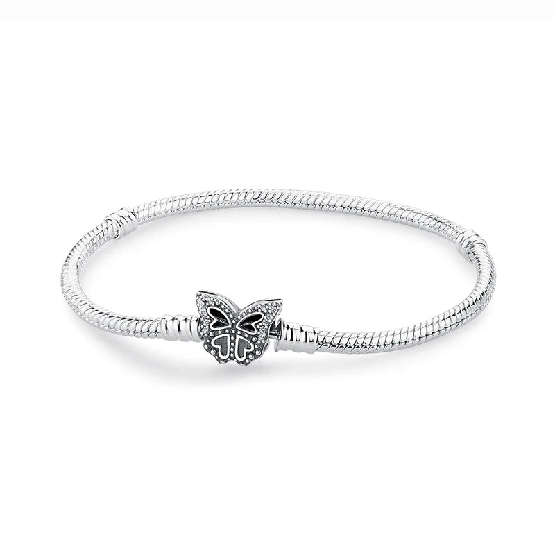 Pulseira de Prata 925 com Coração, Lua, Flor e Borboleta