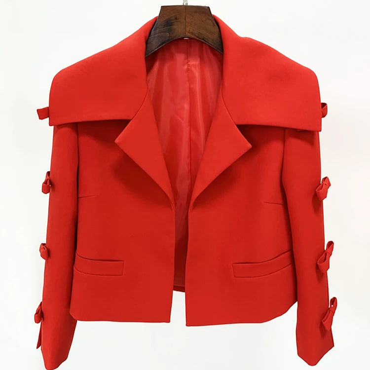 Blazer Cropped com Laço e Detalhes Vazados na Manga