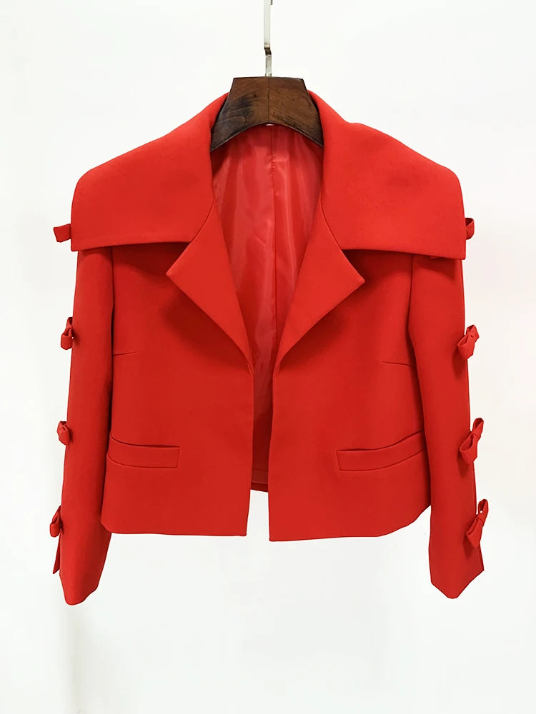 Blazer Cropped com Laço e Detalhes Vazados na Manga