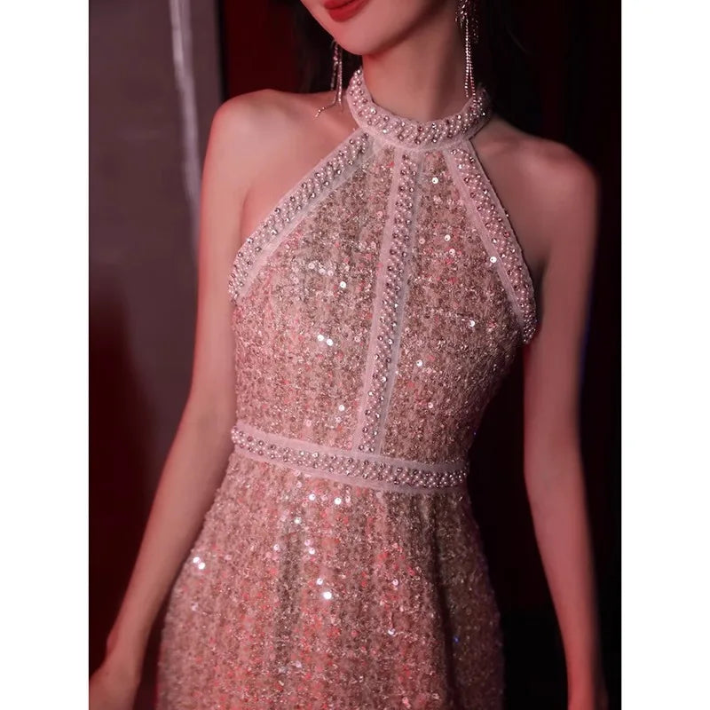 Vestido Mini Sem Mangas de Tweed Pequeno – Vestido de Noite Elegante e Luxuoso com Pérolas e Lantejoulas