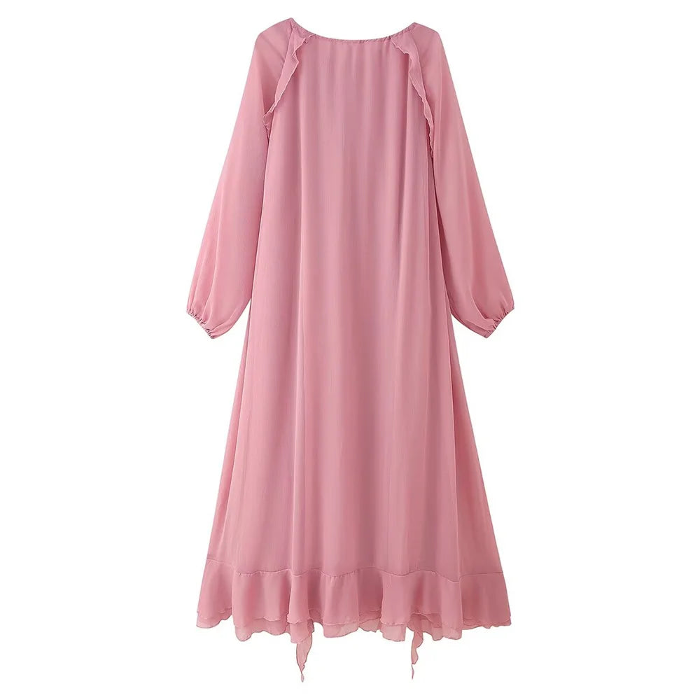 Vestido Feminino de Chiffon com Babados em Camadas