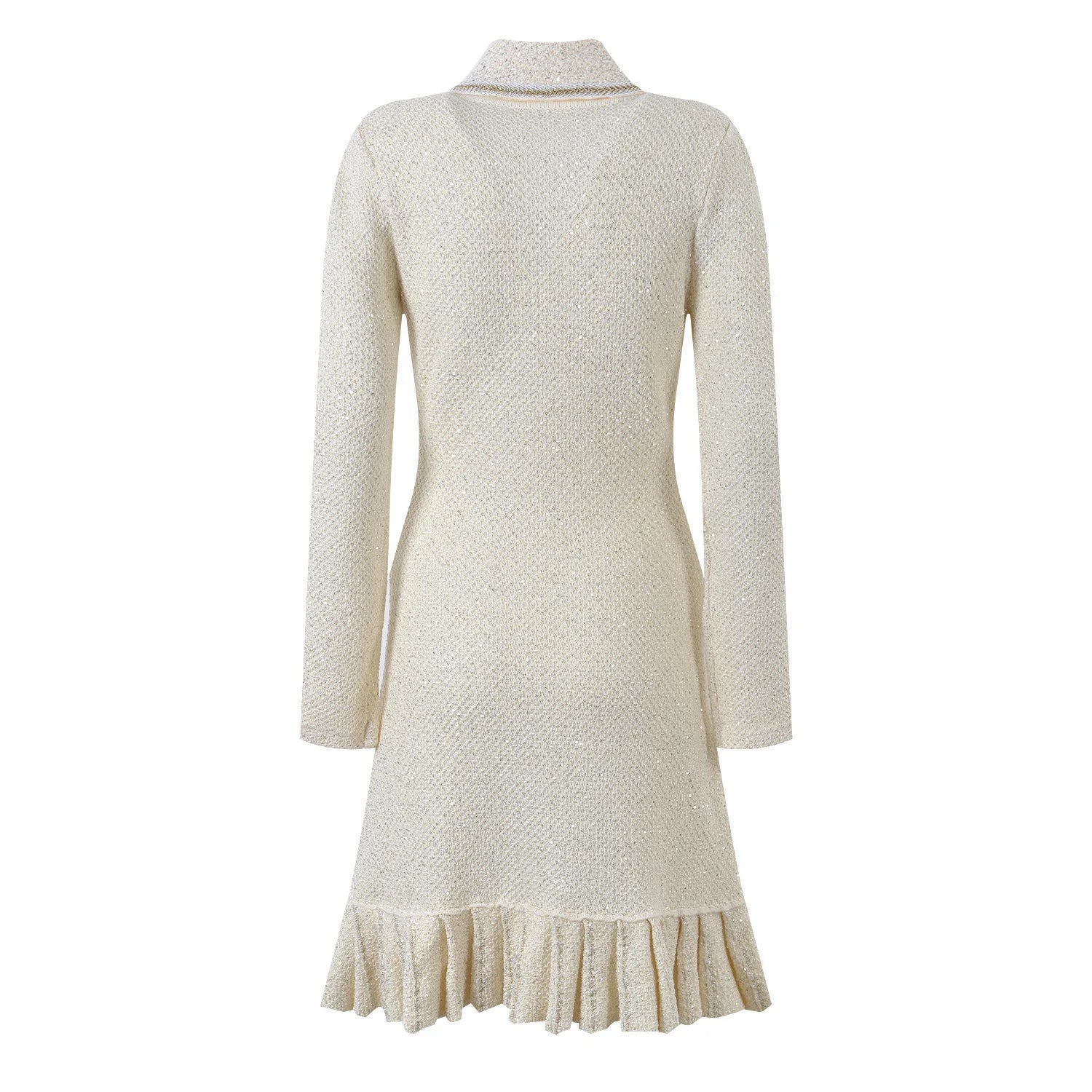 Vestido Tweed com Pérolas e Botões de Cristal – Silhueta Slim e Elegância Atemporal