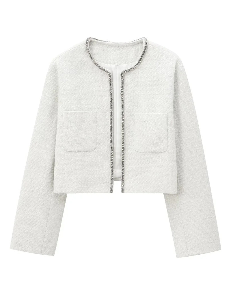 Conjunto Elegante Tweed com Cardigan Bordado em Strass e Saia de Cintura Alta