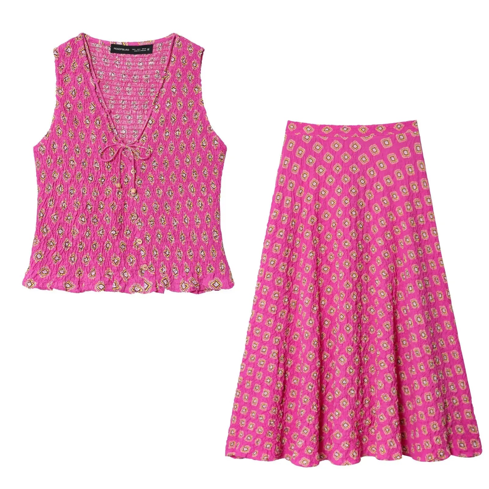 Conjunto Essence – Top Estampado em Favo & Saia Midi de Cintura Alta