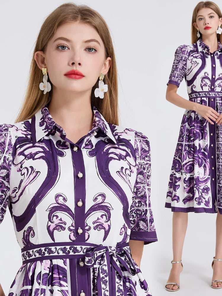 Vestido– Estampa Vintage, Gola Lapela, Cintura com Laço, Elegante, A-Line Slim, Roxo