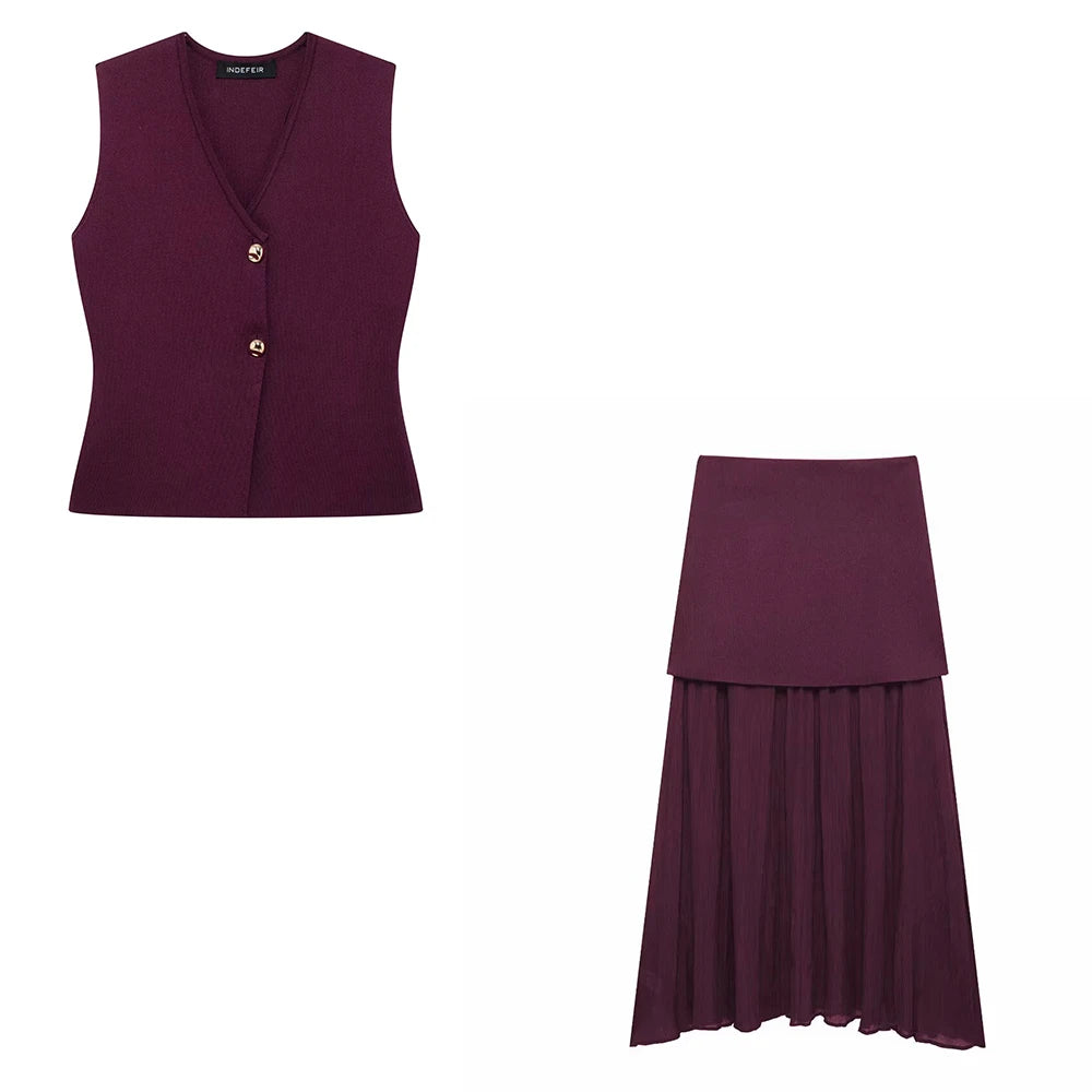 Conjunto – Toque Retrô Elegante, Blusa Tricotada Sem Mangas + Saia Longa Moderna