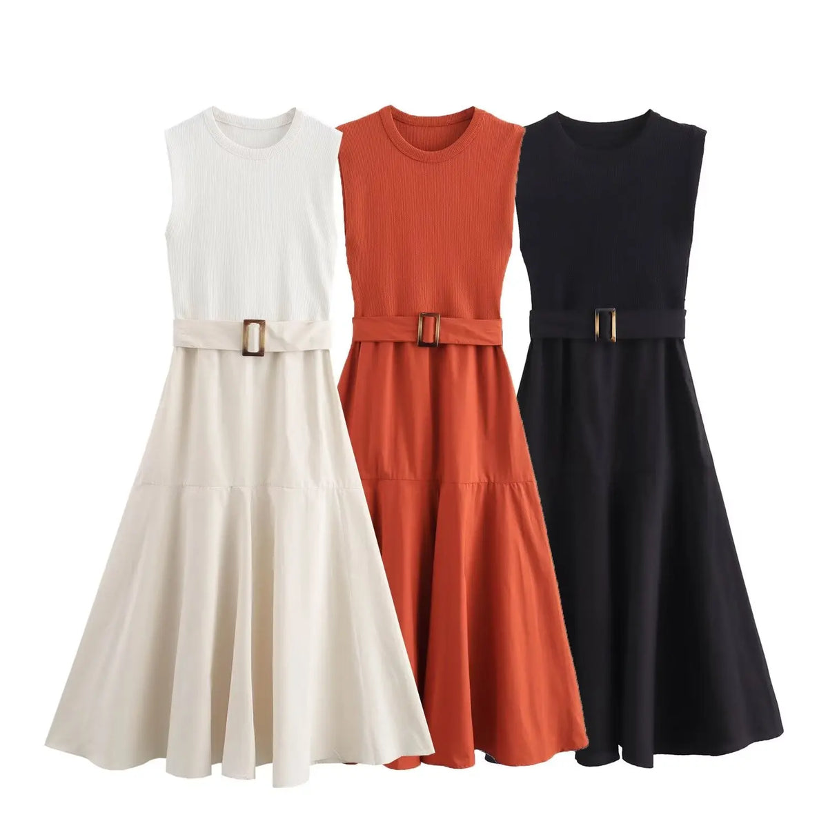 Vestido Longo Estilo Francês  com Cinto Gola Redonda