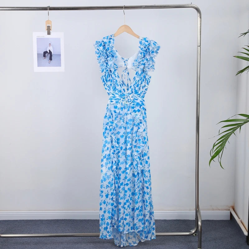 Vestido Longo Feminino Estampado com Babados