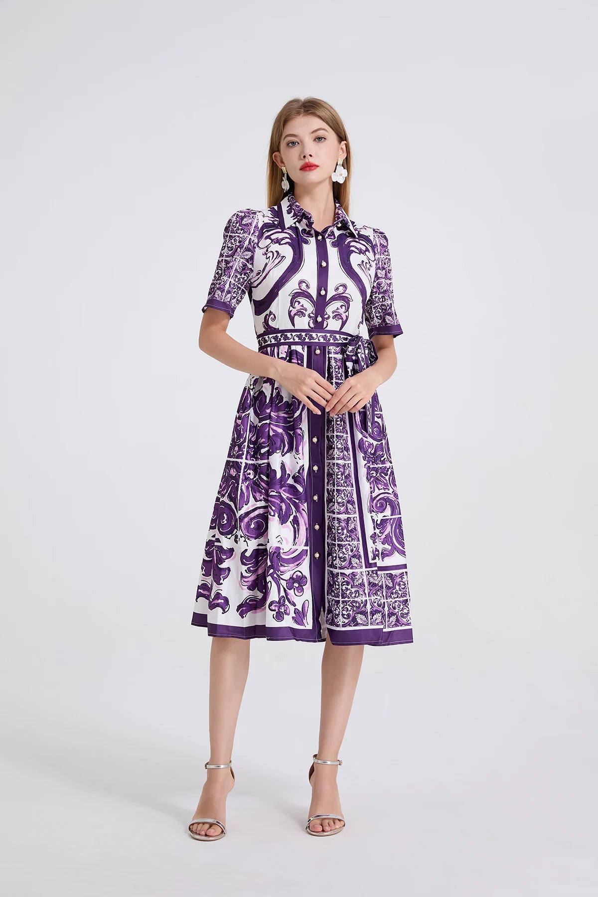 Vestido– Estampa Vintage, Gola Lapela, Cintura com Laço, Elegante, A-Line Slim, Roxo