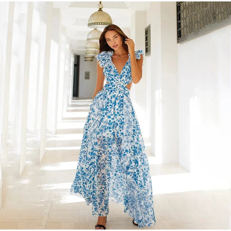 Vestido Longo Feminino Estampado com Babados