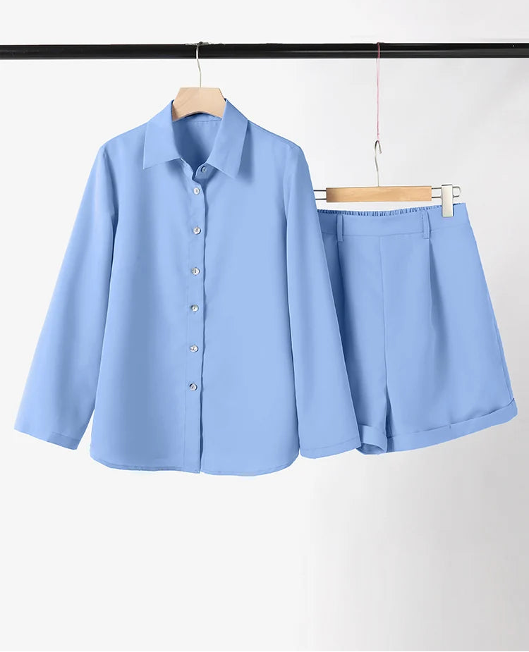 Conjunto Casual – Camisa de Manga Longa e Shorts de Cintura Alta