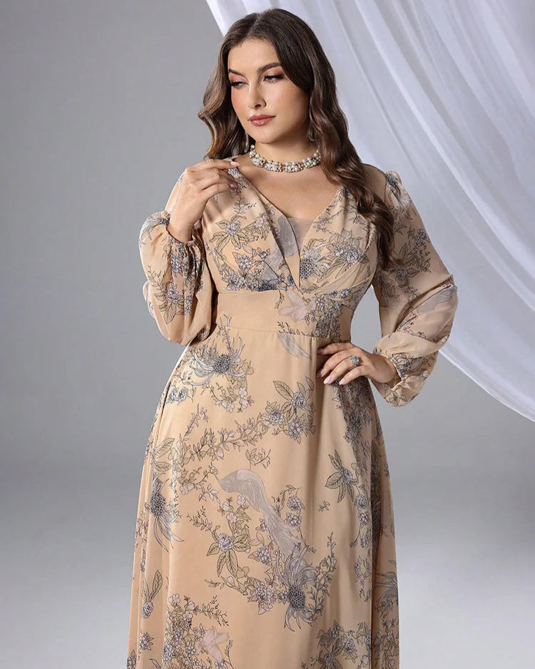 Vestido Plus Size Longo Floral em Tule e Renda – Manga Bufante e Caimento Impecável