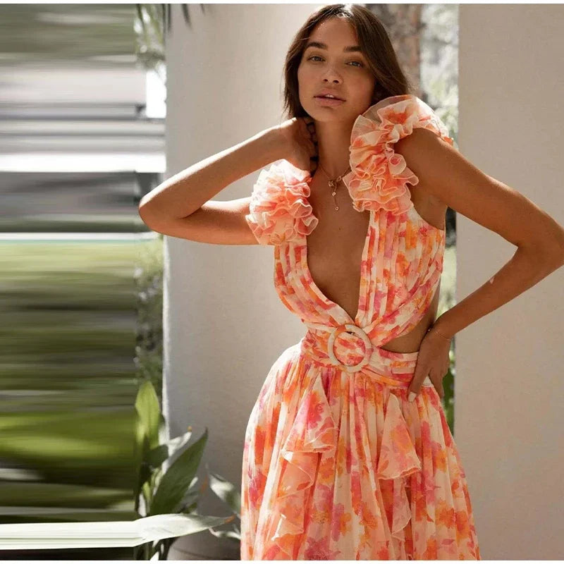 Vestido Longo Feminino Estampado com Babados