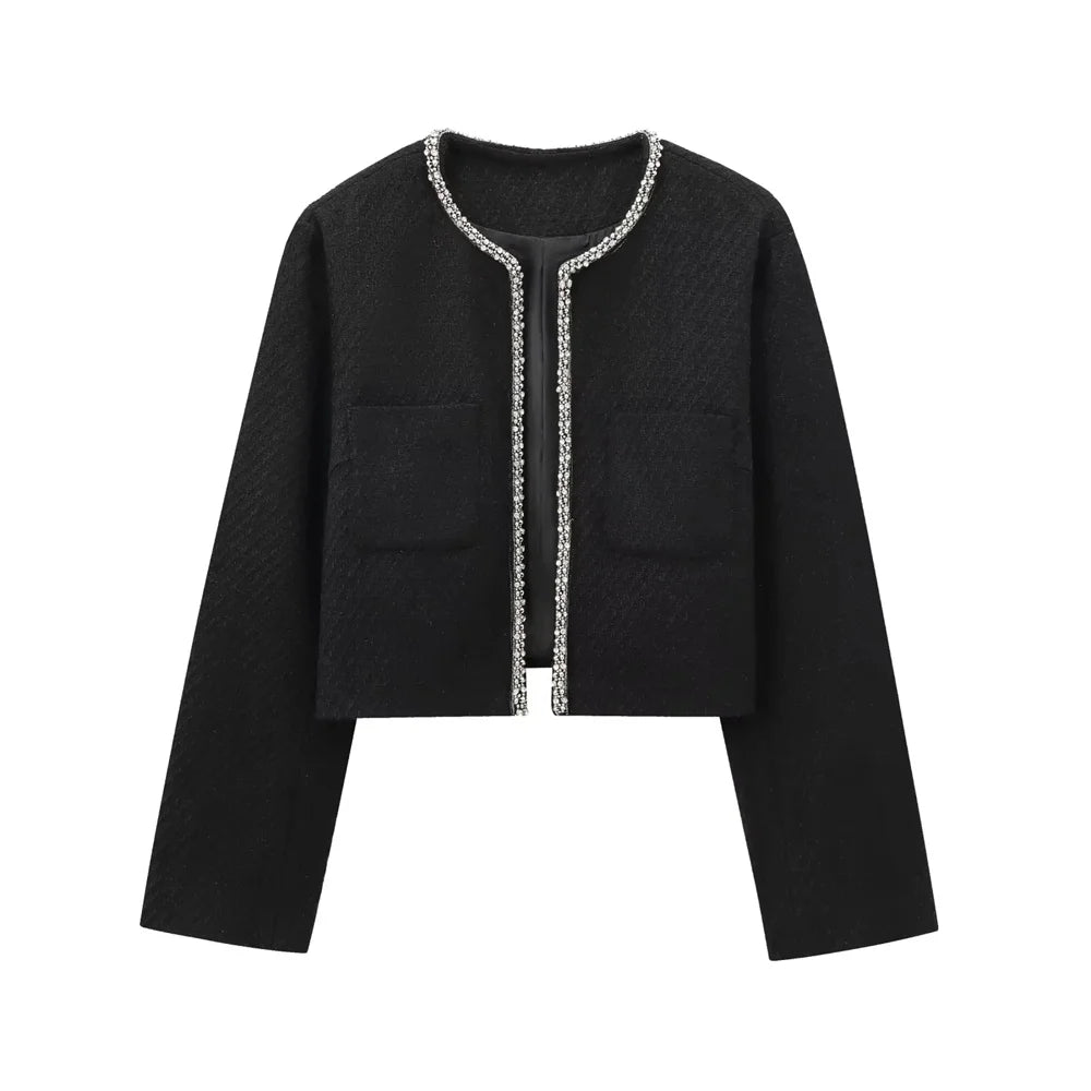 Conjunto Elegante Tweed com Cardigan Bordado em Strass e Saia de Cintura Alta