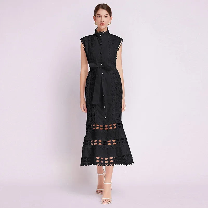 Vestido Elegante Slim – Renda Bordada e Gola Alta