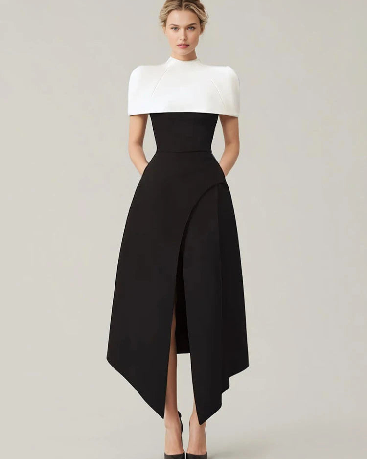 Vestido Longo Bicolor com Decote Reto – Cintura Alta e Saia Plissada em Silhueta Escultural